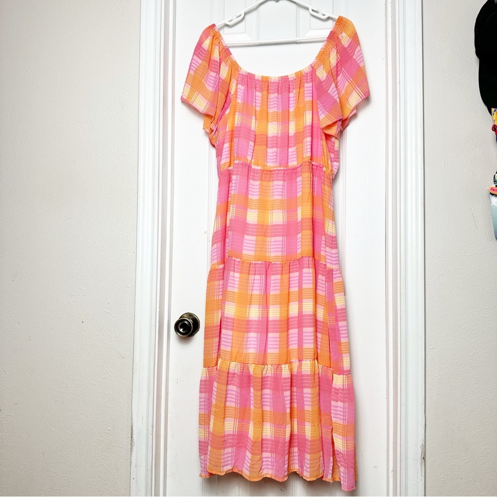 Time and Tru Plaid Flutter Sleeve Tiered Midi Dress Spring Summer Romantic XXL - Picture 7 of 7